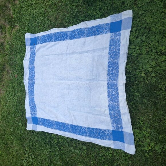 Vintage Tablecloth Floral Leaves Retro table linens Table Cloth blue white 1950s - Picture 5 of 12